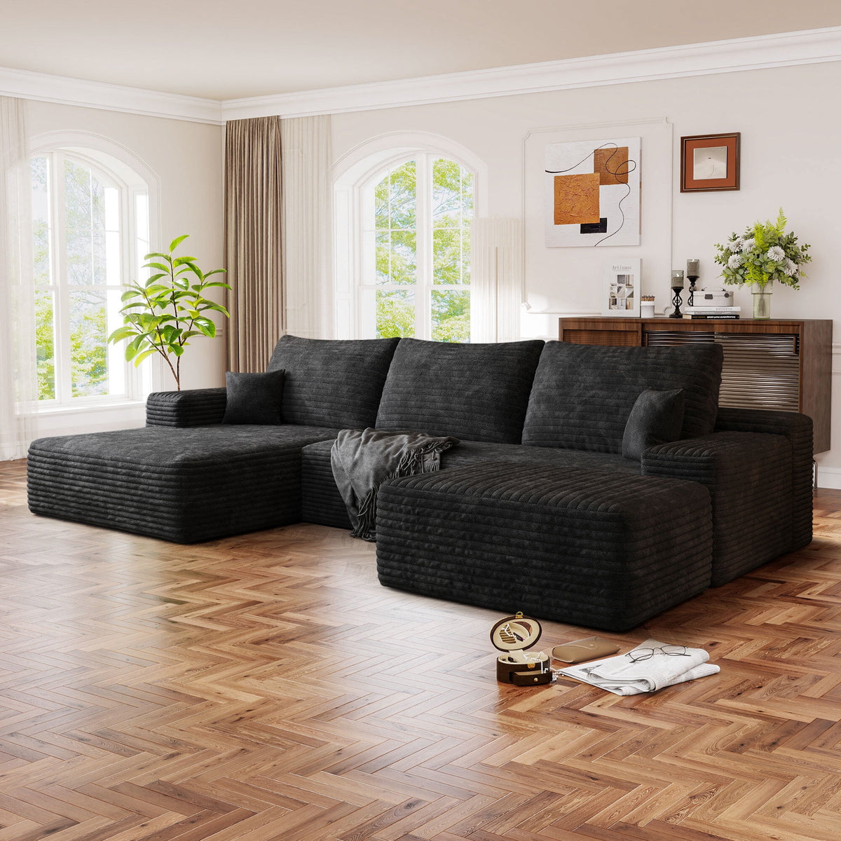 Muumblus 107" Cloud Sectional Sofa with Left Chaise, Cozy U-Shaped Modular Sofa with Ottoman, Plush Corduroy Sleeper Bed Couch, No Assembly Required, Black