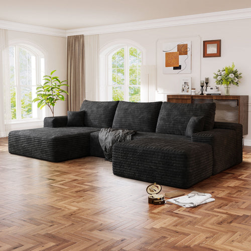 Muumblus 107" Cloud Sectional Sofa with Left Chaise, Cozy U-Shaped Modular Sofa with Ottoman, Plush Corduroy Sleeper Bed Couch, No Assembly Required, Black