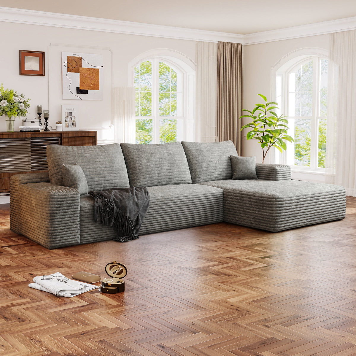 SOLIA 107" U-Shaped Sleeper Sectional Sofa Bed Corduroy with Movable Ottoman & Chaise Lounge