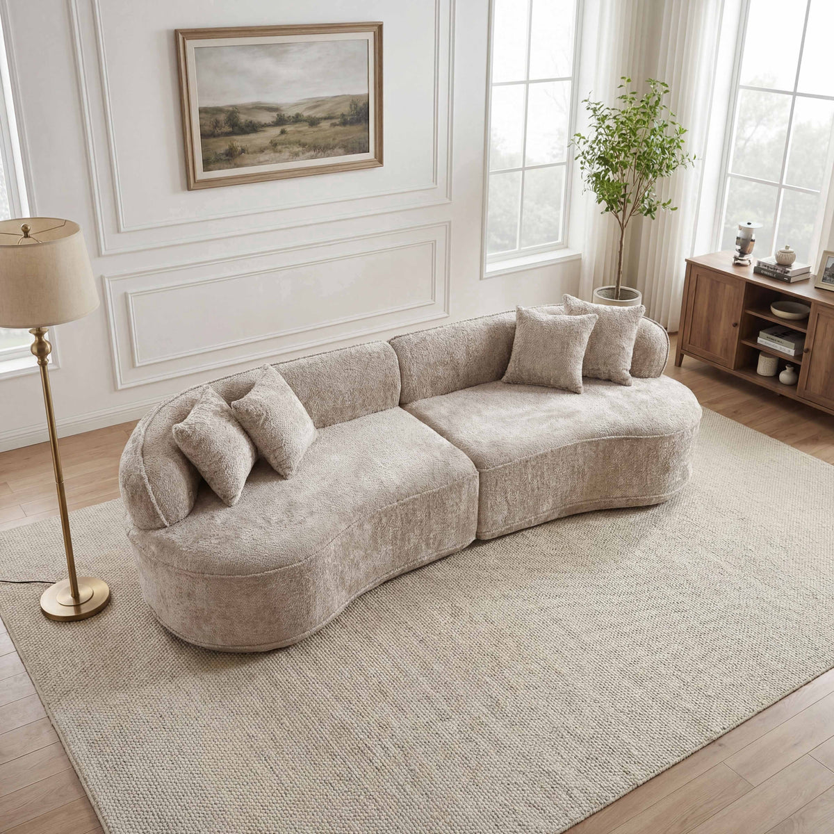 Muumblus 114" Oversized Curved Sofa, Modern Sectional Boneless Cloud Couch, No Assembly Required Floor Sofa for Living Room, Camel Boucle