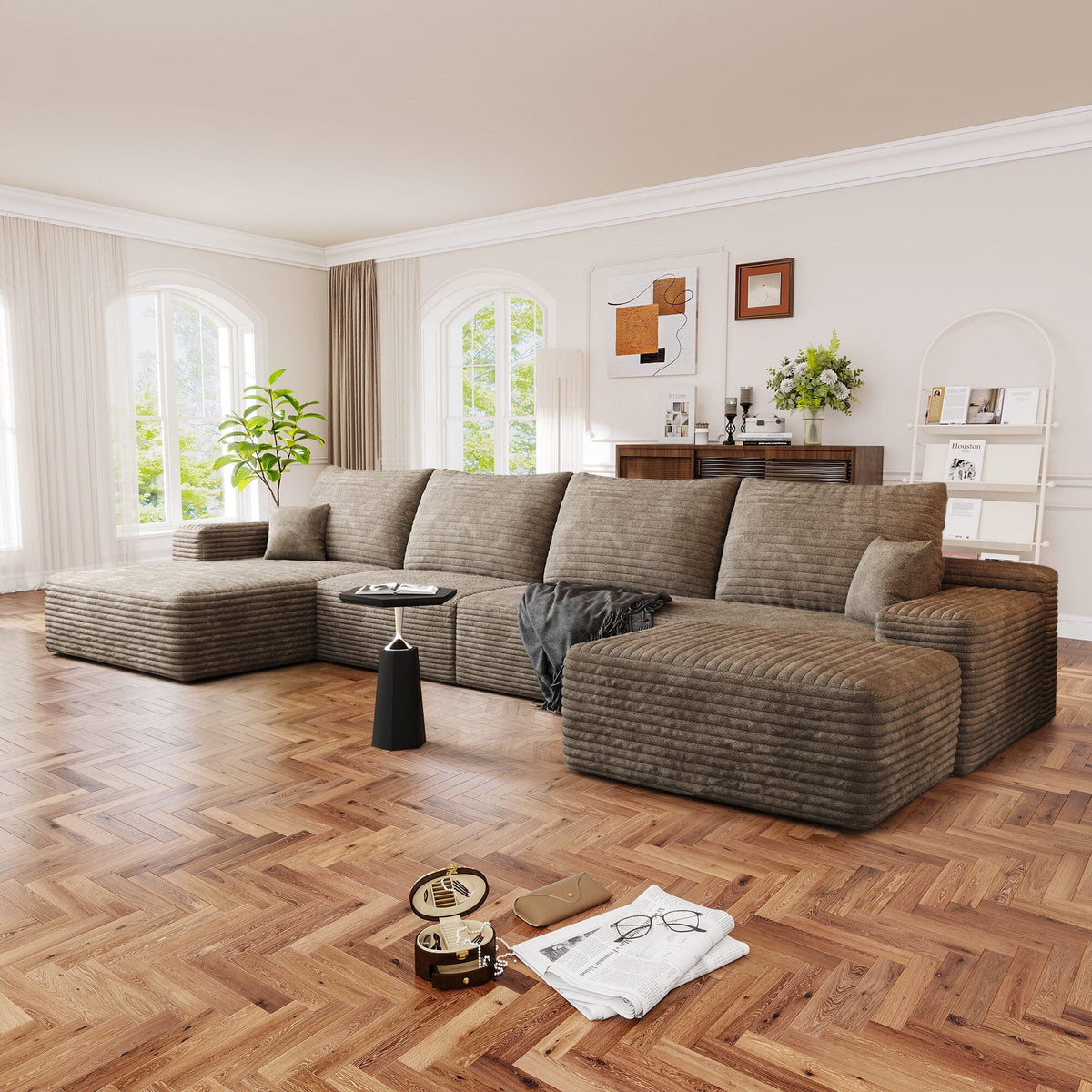 SOLIA 107" U-Shaped Sleeper Sectional Sofa Bed Corduroy with Movable Ottoman & Chaise Lounge