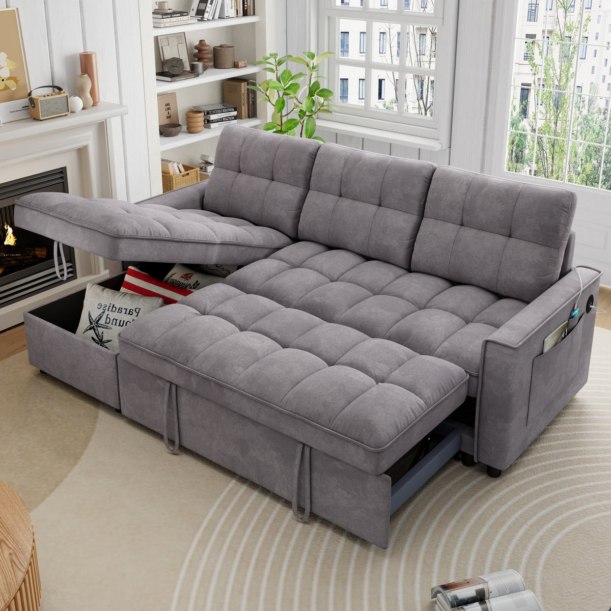 SOLIA L-Shaped Sleeper Sectional Sofa Bed Chenille with Chaise Lounge
