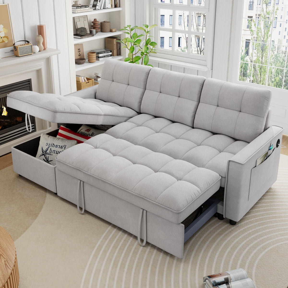 SOLIA L-Shaped Sleeper Sectional Sofa Bed Chenille with Chaise Lounge