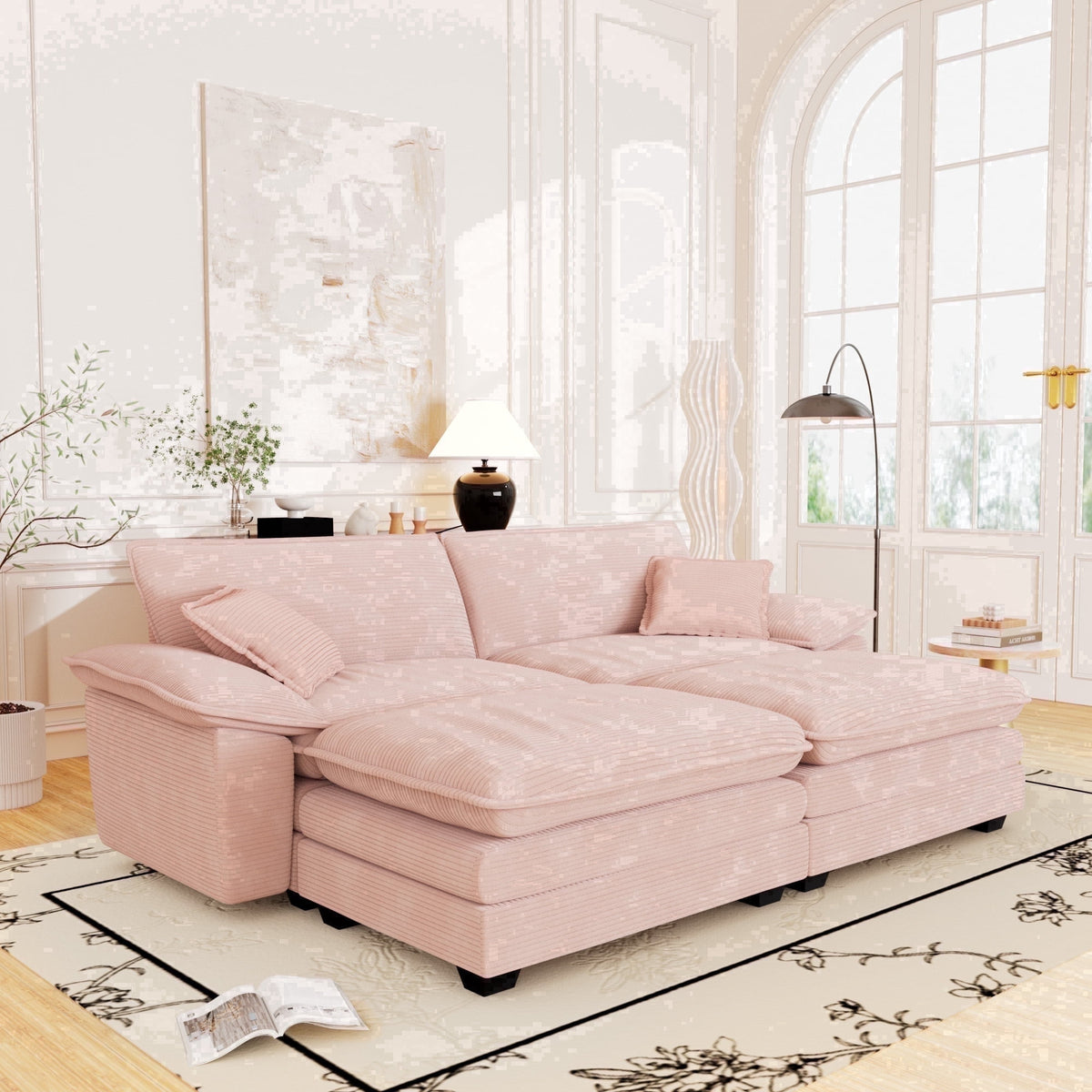 Muumblus Comfy Modular Sectional Sofa with 2 Ottoman, Deep Seat 80.5" Modern Oversized Corduroy Cloud Couch, Fluffy Deep Seat Chaise Lounge Sleeper Sofa for Living Room Apartment, Pink