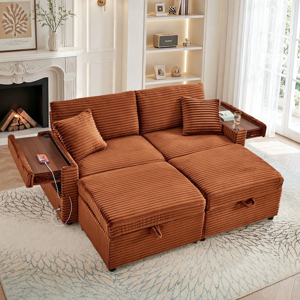 SOLIA Modular Sleeper Sectional Sofa Bed Corduroy with Storage Ottoman & USB Charging