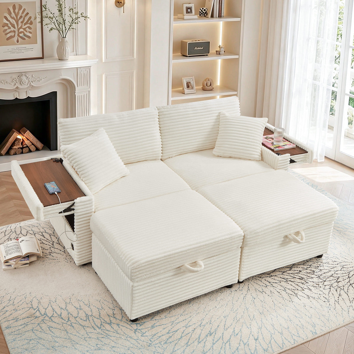 SOLIA Modular Sleeper Sectional Sofa Bed Corduroy with Storage Ottoman & USB Charging