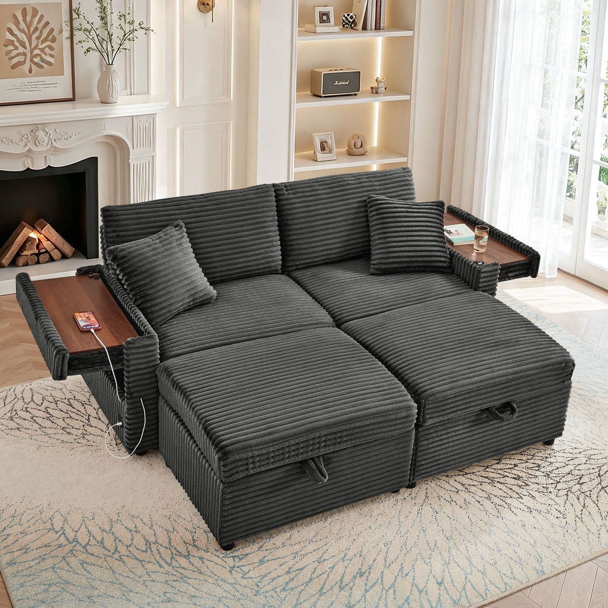 SOLIA Modular Sleeper Sectional Sofa Bed Corduroy with Storage Ottoman & USB Charging