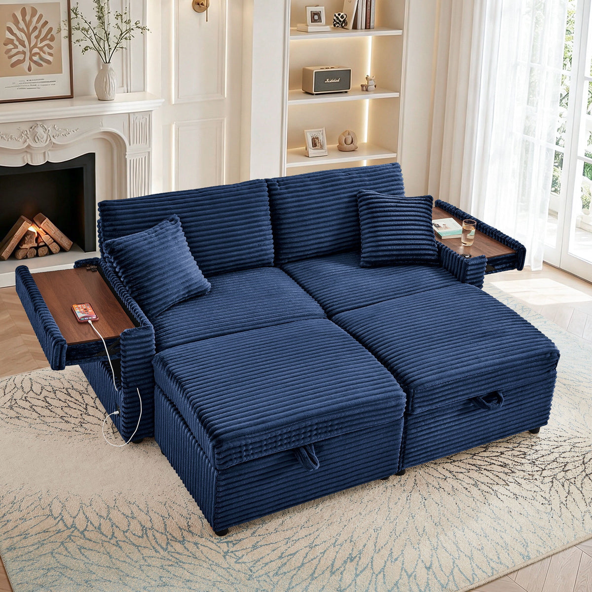 SOLIA Modular Sleeper Sectional Sofa Bed Corduroy with Storage Ottoman & USB Charging
