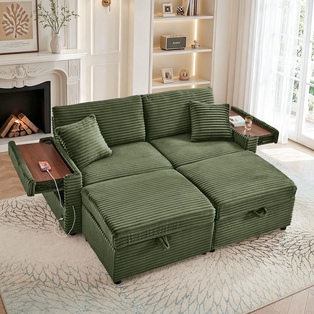 SOLIA Modular Sleeper Sectional Sofa Bed Corduroy with Storage Ottoman & USB Charging