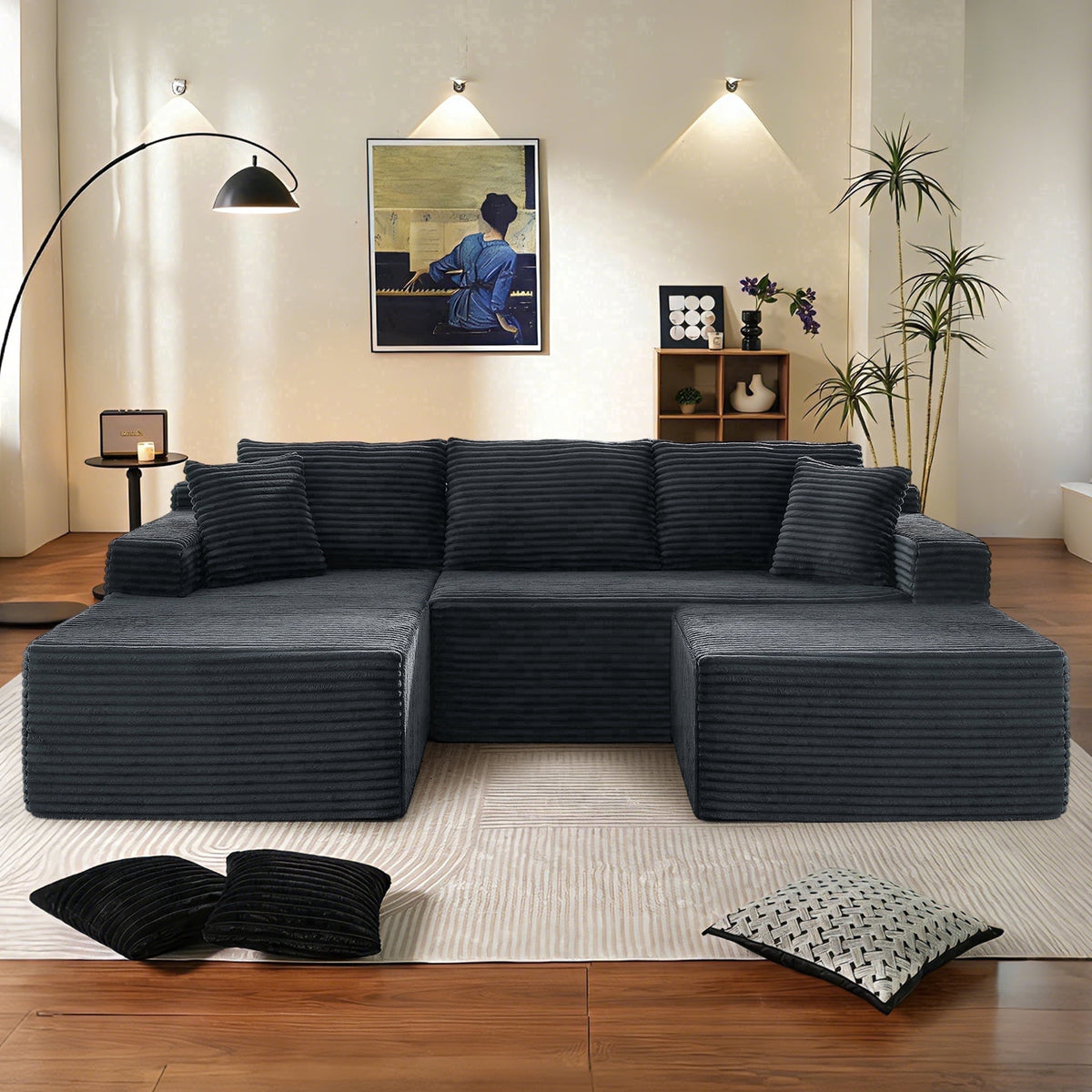SOLIA U-Shaped Sleeper Sectional Sofa Bed Corduroy with Movable Ottoman & Chaise Lounge