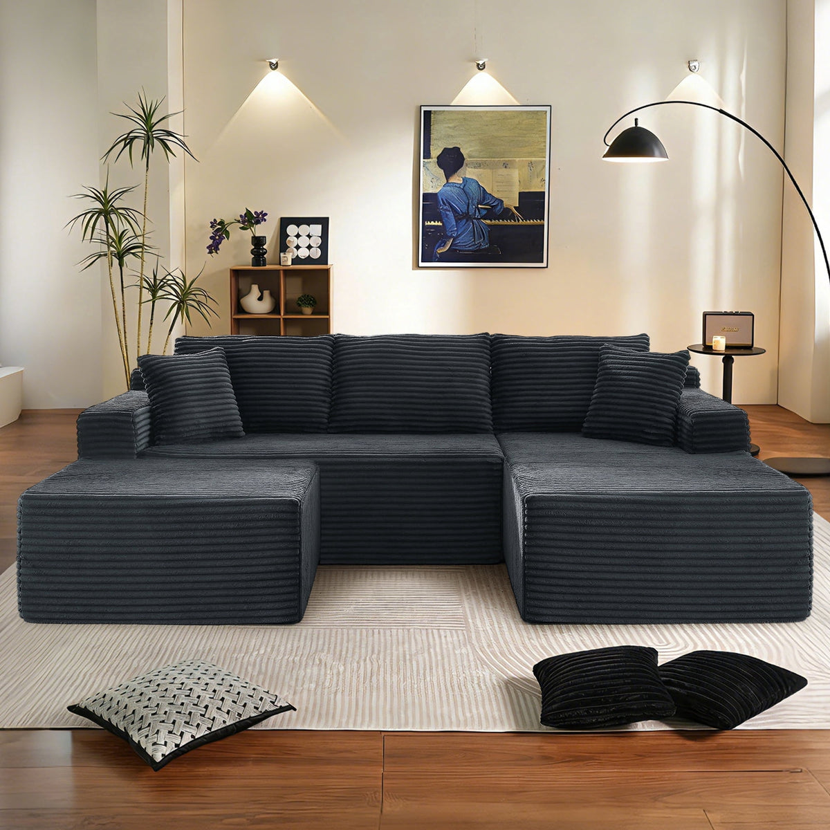 SOLIA U-Shaped Sleeper Sectional Sofa Bed Corduroy with Movable Ottoman & Chaise Lounge