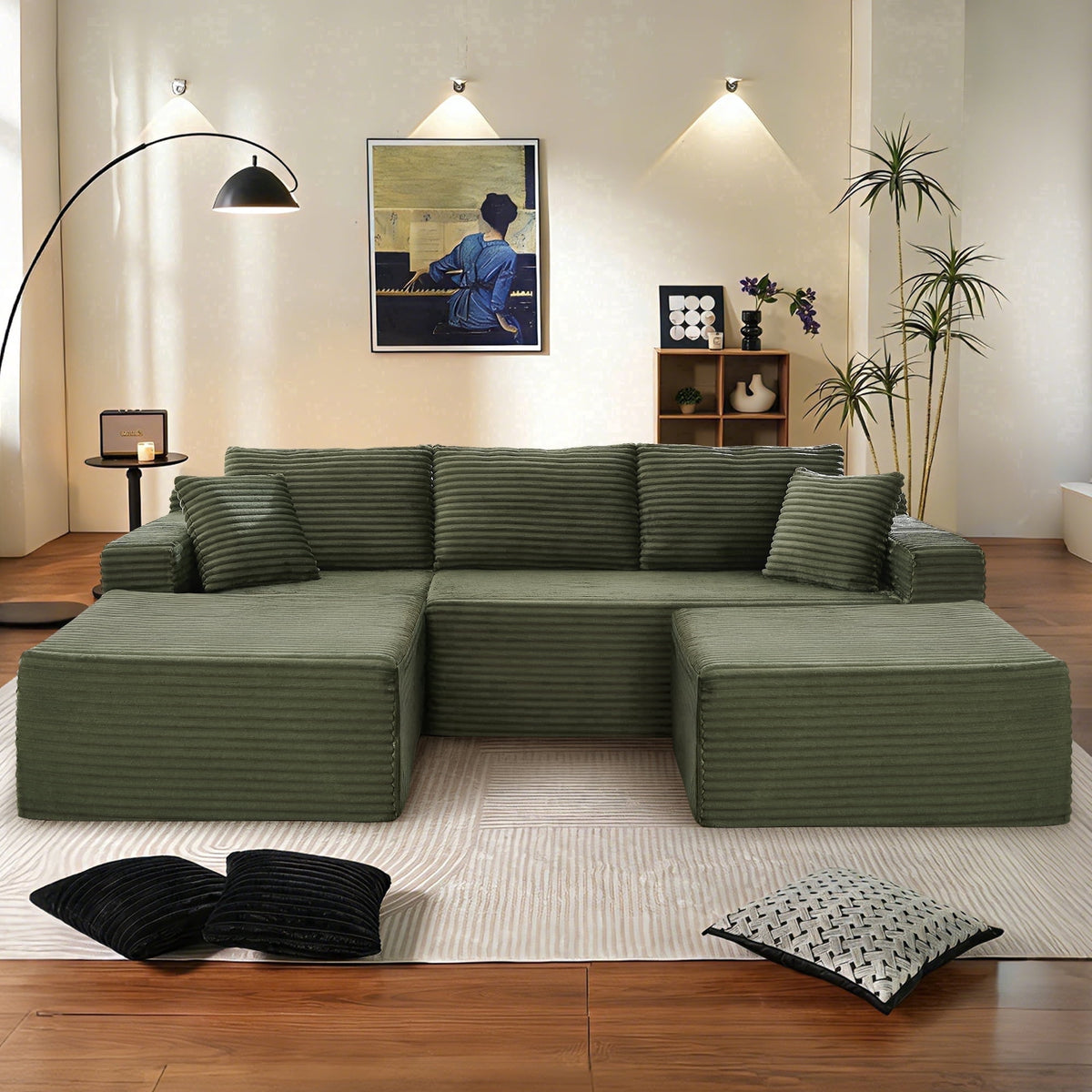 SOLIA U-Shaped Sleeper Sectional Sofa Bed Corduroy with Movable Ottoman & Chaise Lounge