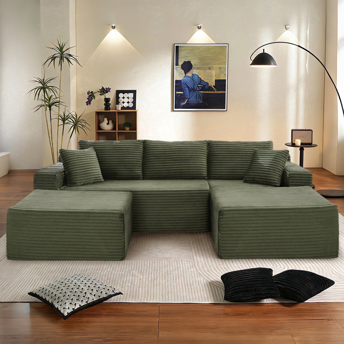 SOLIA U-Shaped Sleeper Sectional Sofa Bed Corduroy with Movable Ottoman & Chaise Lounge