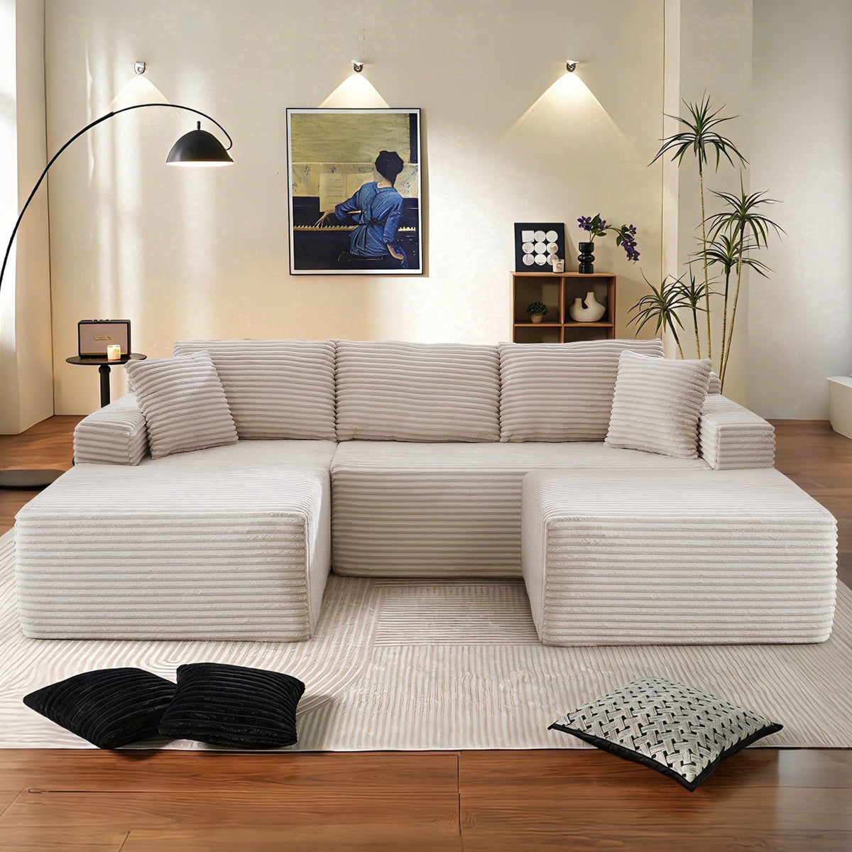 SOLIA U-Shaped Sleeper Sectional Sofa Bed Corduroy with Movable Ottoman & Chaise Lounge