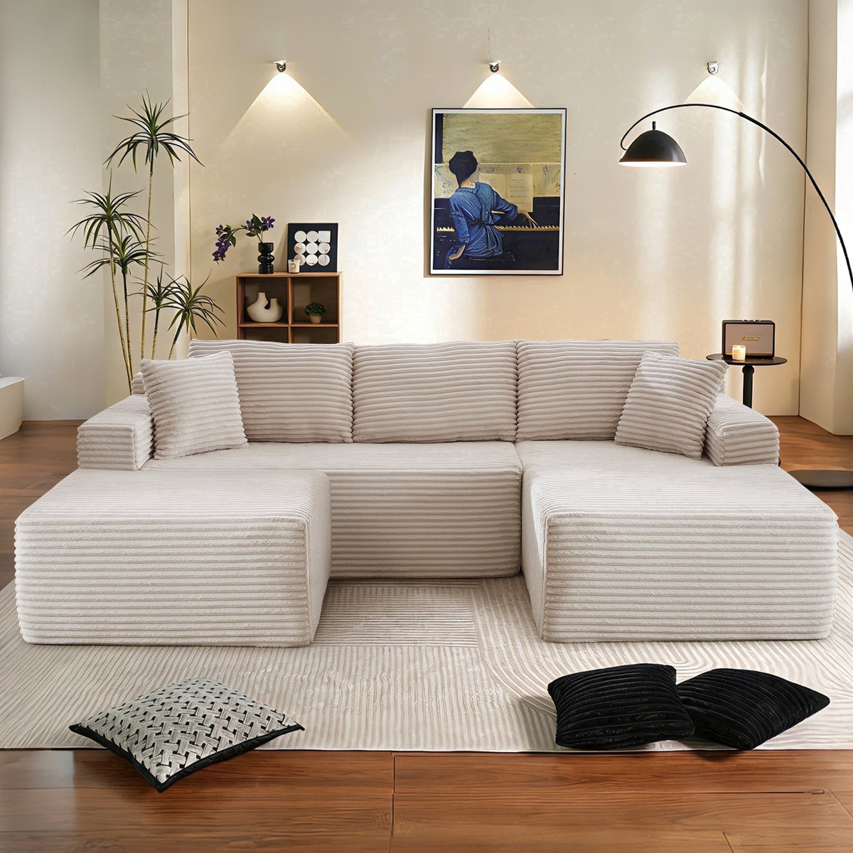 SOLIA U-Shaped Sleeper Sectional Sofa Bed Corduroy with Movable Ottoman & Chaise Lounge