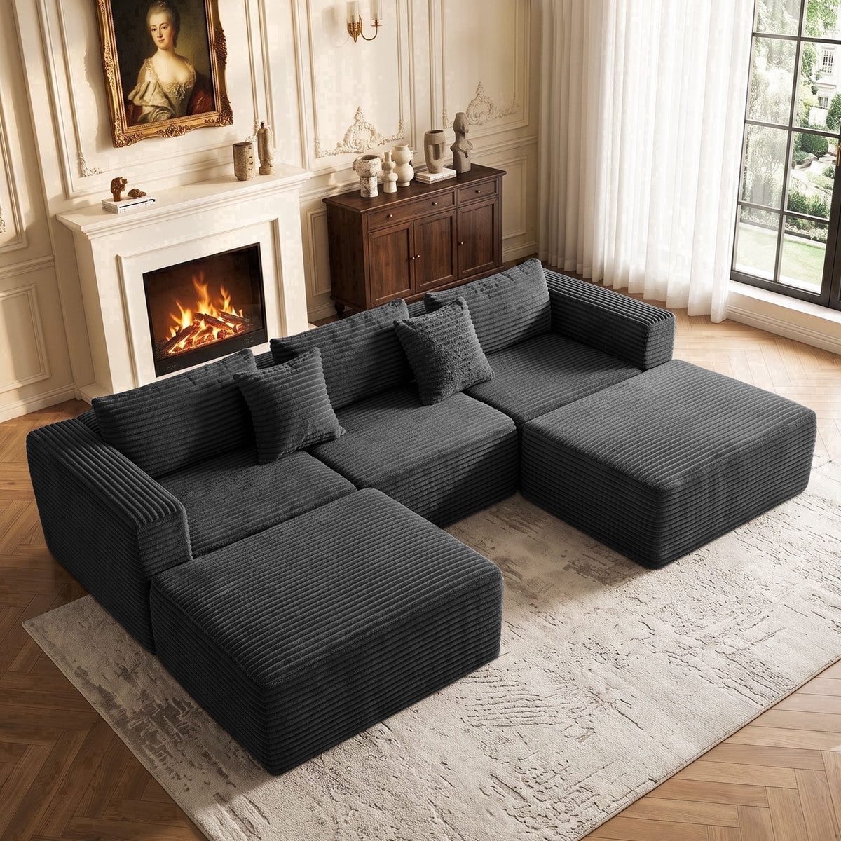 NNSNG 110"U-Shaped Sectional Sofa,5-Seater Boneless Couch Soft Corduroy Fabric Sofa for Living Room,No Assembly Required ,Black