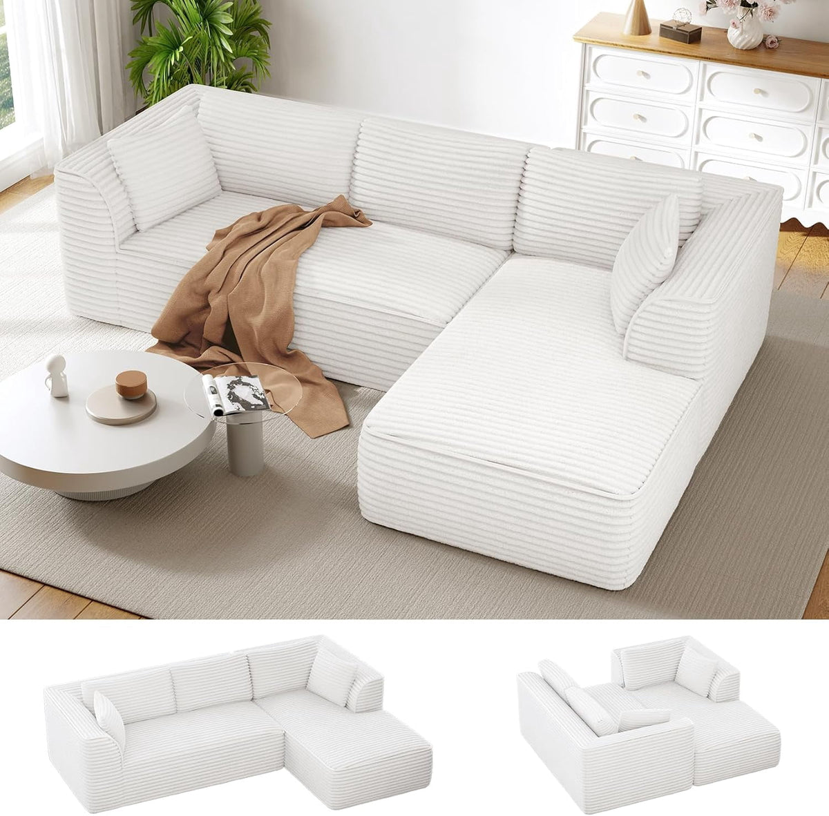  106" Modular Sectional Sofa with Chaise, Deep Seat Comfy Cloud Couch Corduroy L Shaped Sofa Sectional Couches for Living Room Bedroom, No Assembly Required (Beige, Right-Facing Chaise)
