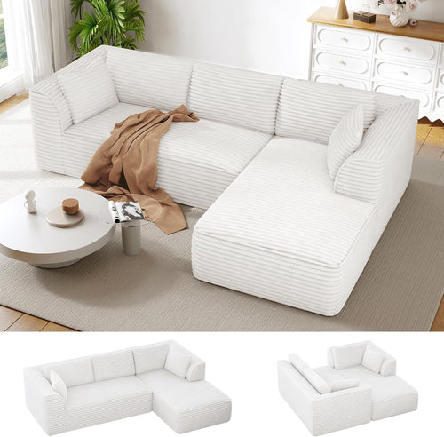  106" Modular Sectional Sofa with Chaise, Deep Seat Comfy Cloud Couch Corduroy L Shaped Sofa Sectional Couches for Living Room Bedroom, No Assembly Required (Beige, Right-Facing Chaise)