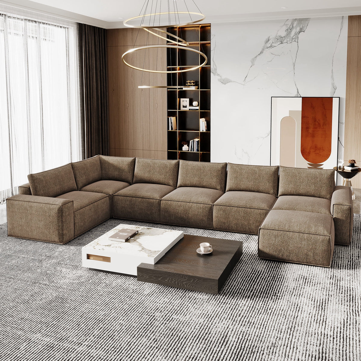 175" Oversized Boneless Couch for Living Room, Modern Modular Sectional, Convertible, U Shaped, Deep Seat, Big Comfy Sofa Set with Ottoman,Brown