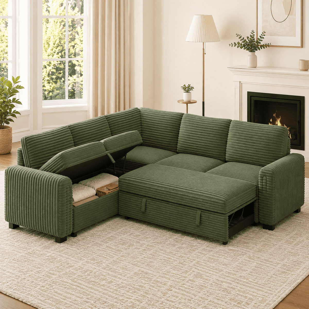  Sectional Sofa with Storage Seat L Shaped Couch with Reversible Chaise Convertible Sectional Couches for Living Room, Green