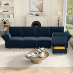  Sectional Couches with Storage Seats, 118" L Shaped Convertible Modular Sectional Sofa, 4 Seat & 1 Ottoman Velvet Storage Chaises Deep Seat Couch for Living Room, Bedroom, Apartment, Blue