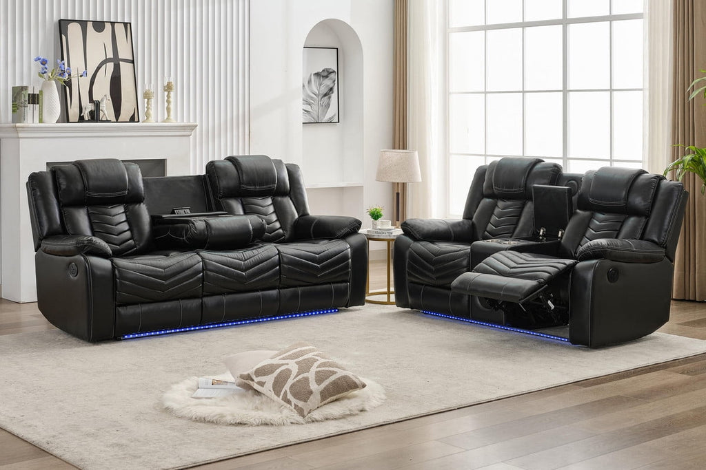 2PCS Power Zero Gravity Reclining Sofa Set with Bass Speaker,Wireless Charger,USB/Type C Ports,LED Light,Cup Holder,Storage Console Faux Leather Electric Recliner Sofa and Loveseat,5 Seater,Black