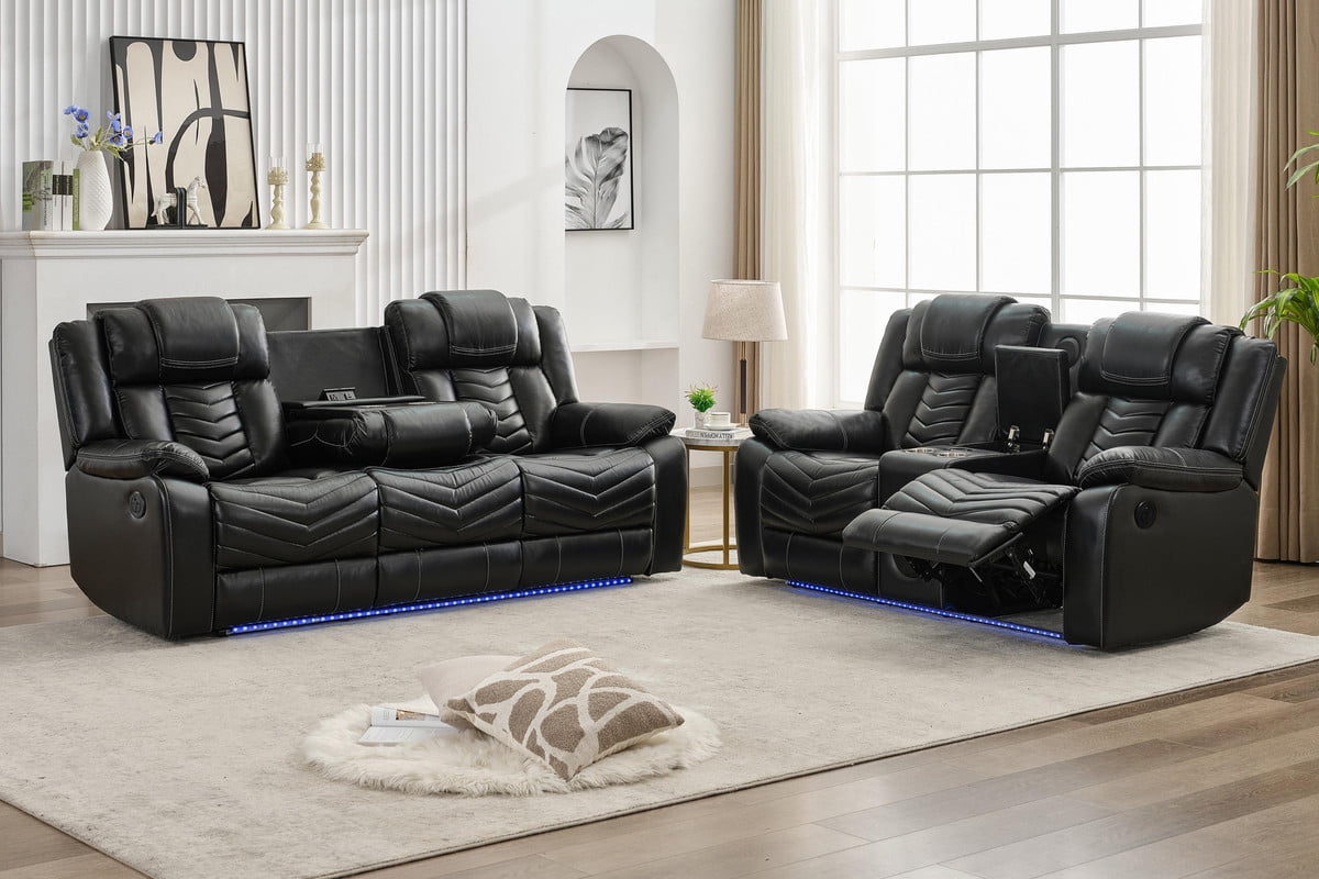 2PCS Power Zero Gravity Reclining Sofa Set with Bass Speaker,Wireless Charger,USB/Type C Ports,LED Light,Cup Holder,Storage Console Faux Leather Electric Recliner Sofa and Loveseat,5 Seater,Black