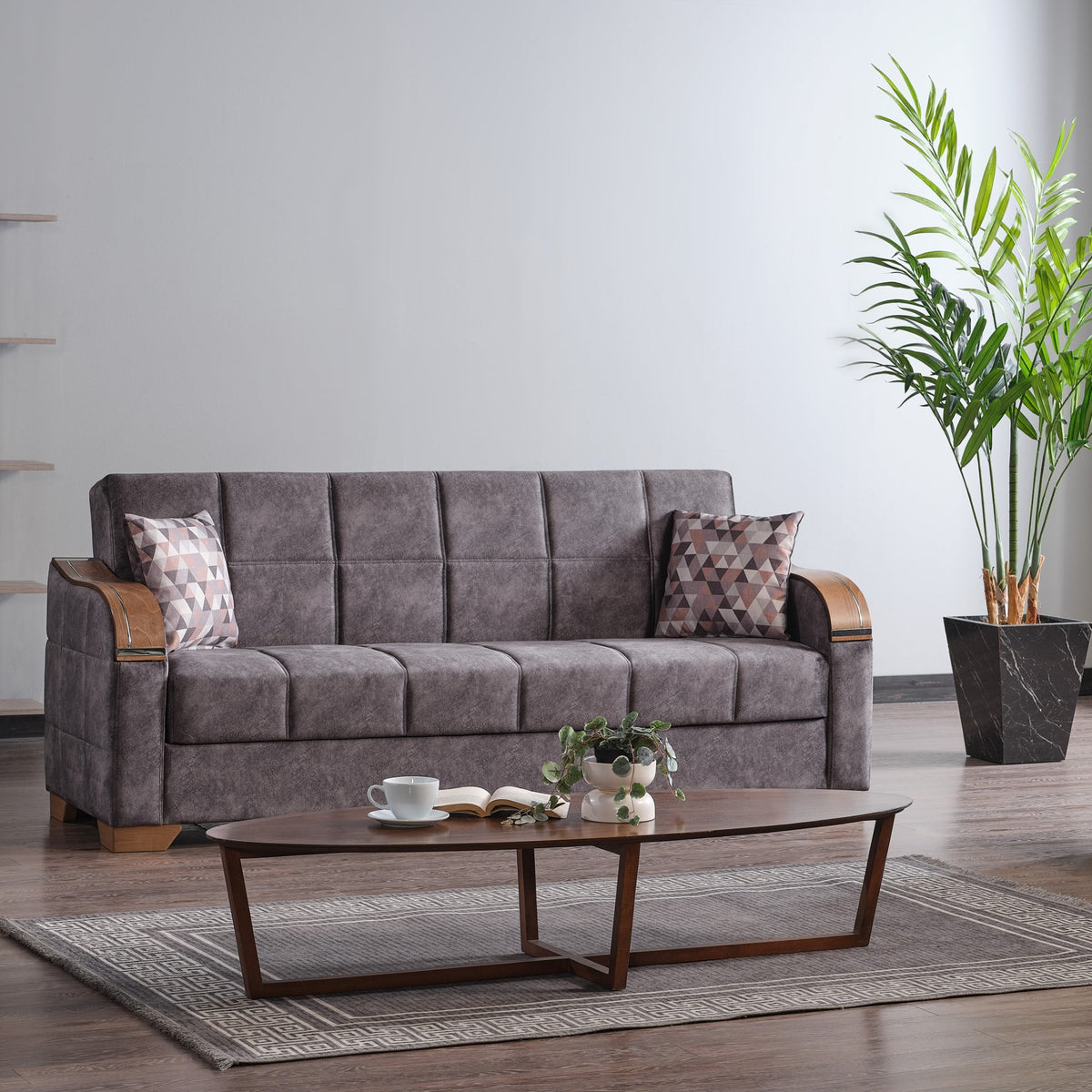 Ottomanson 88" Convertible Sofa Couch for Living Room, Suede Modern Sofa Bed with Storage, Brown