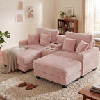 Wiilayok Convertible Modular Cloud Sofa, U Shaped Sectional Sofa Couch with Ottoman,Central Console,Cup Holder, Adjustable Backrest for Living Room, Pink