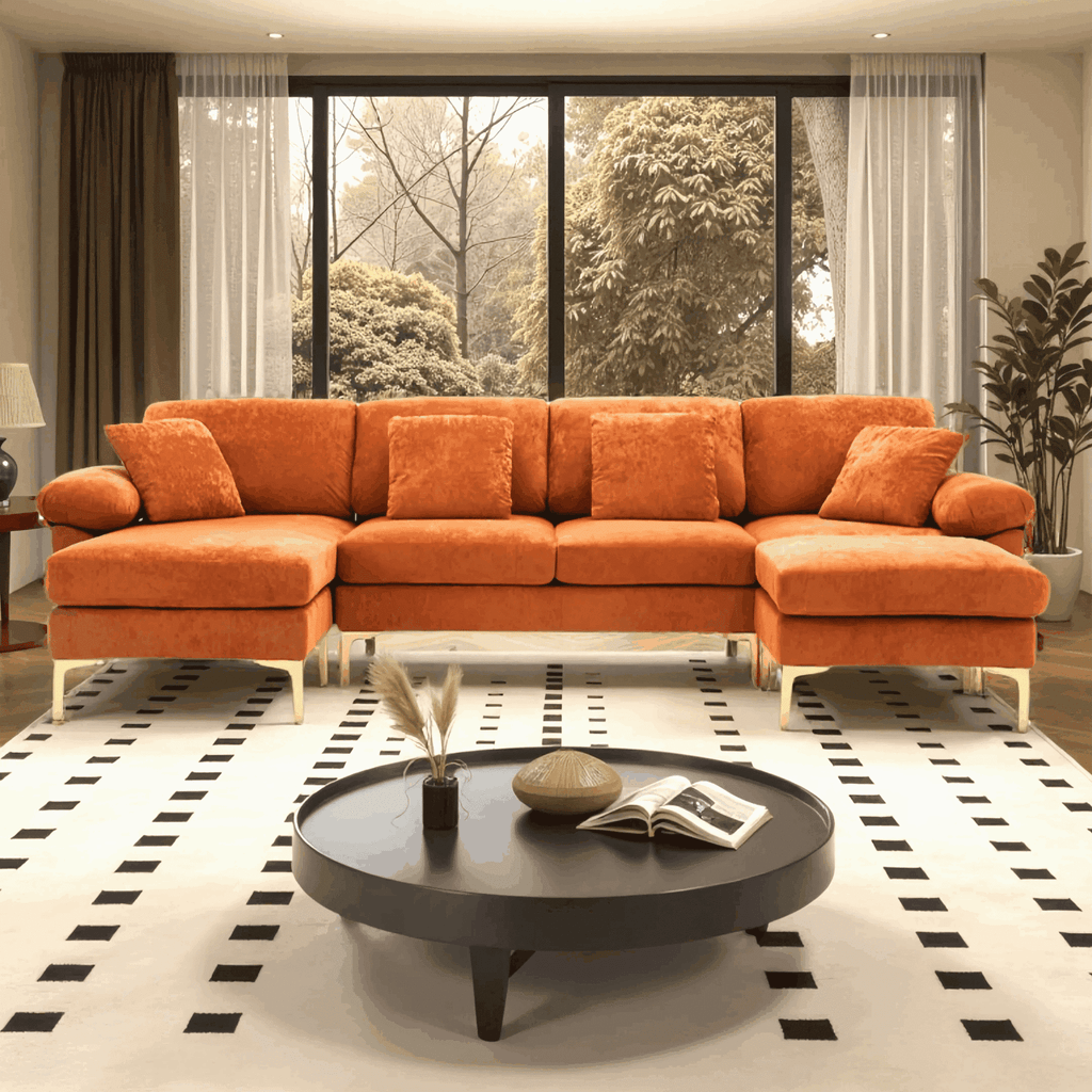 Wiilayok U Shaped Sectional Sofa,Velvet Modular 4 Seat Sofa Couch,114 inch L-Shaped Couch Set with Chaise Lounge, Ottoman& Pillows for Living Room,Orange