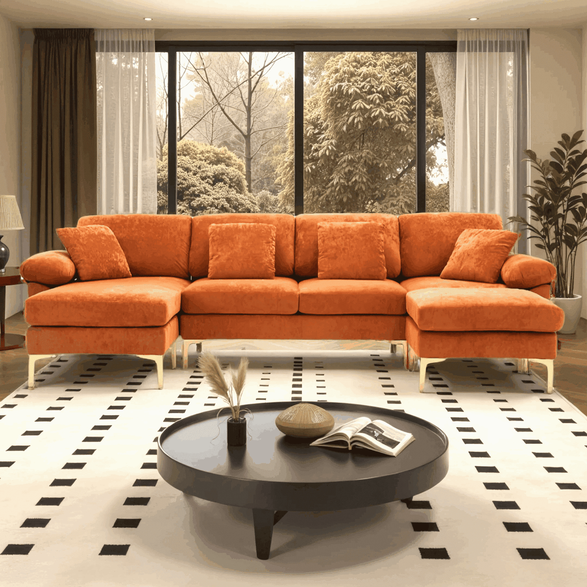 Wiilayok U Shaped Sectional Sofa,Velvet Modular 4 Seat Sofa Couch,114 inch L-Shaped Couch Set with Chaise Lounge, Ottoman& Pillows for Living Room,Orange