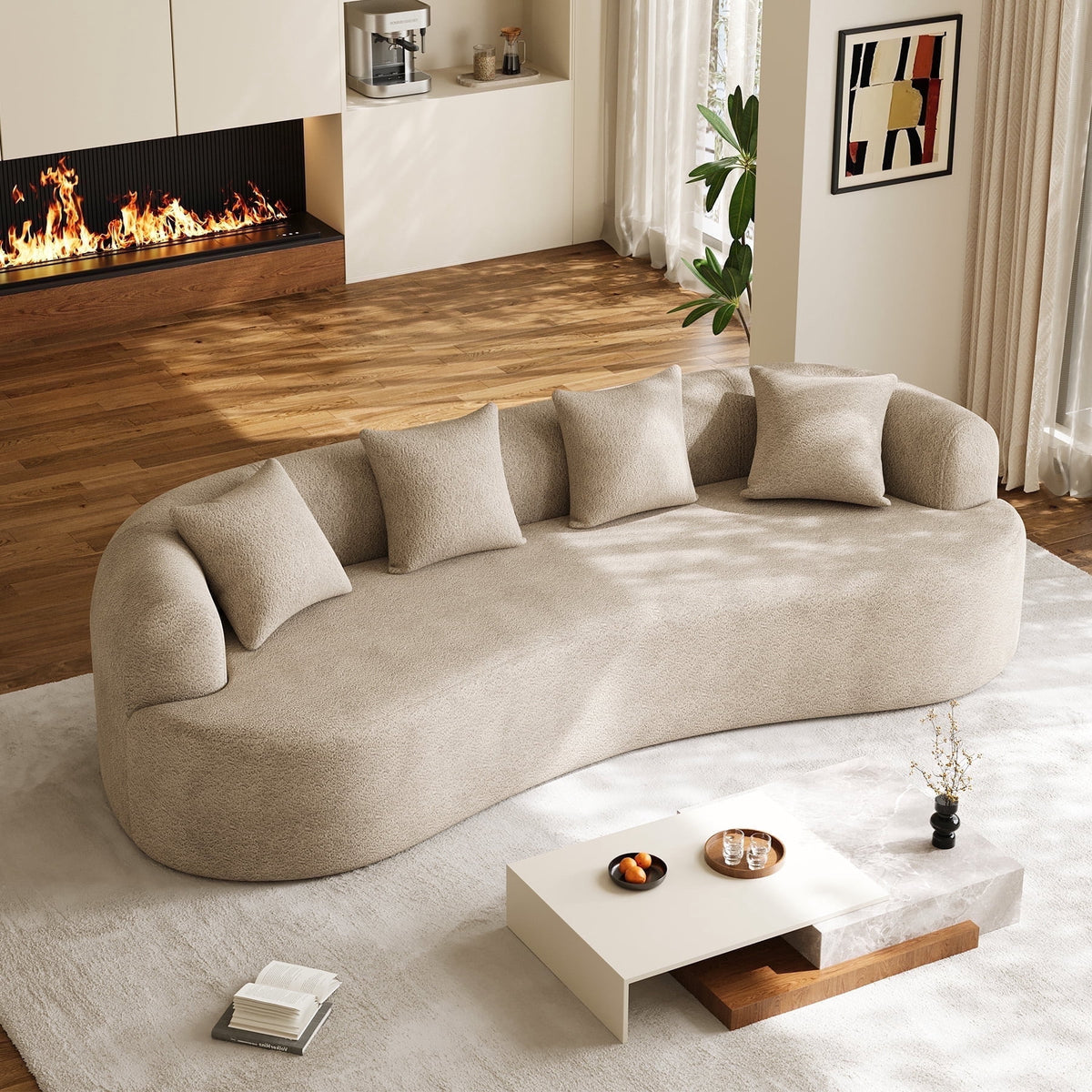 Wiilayok 106.5"Modern Chenille Sofa,Curved Sofa with Deep Seat,Cloud Compression Sofa Couch for Living Room,No Assembly,Light Brown