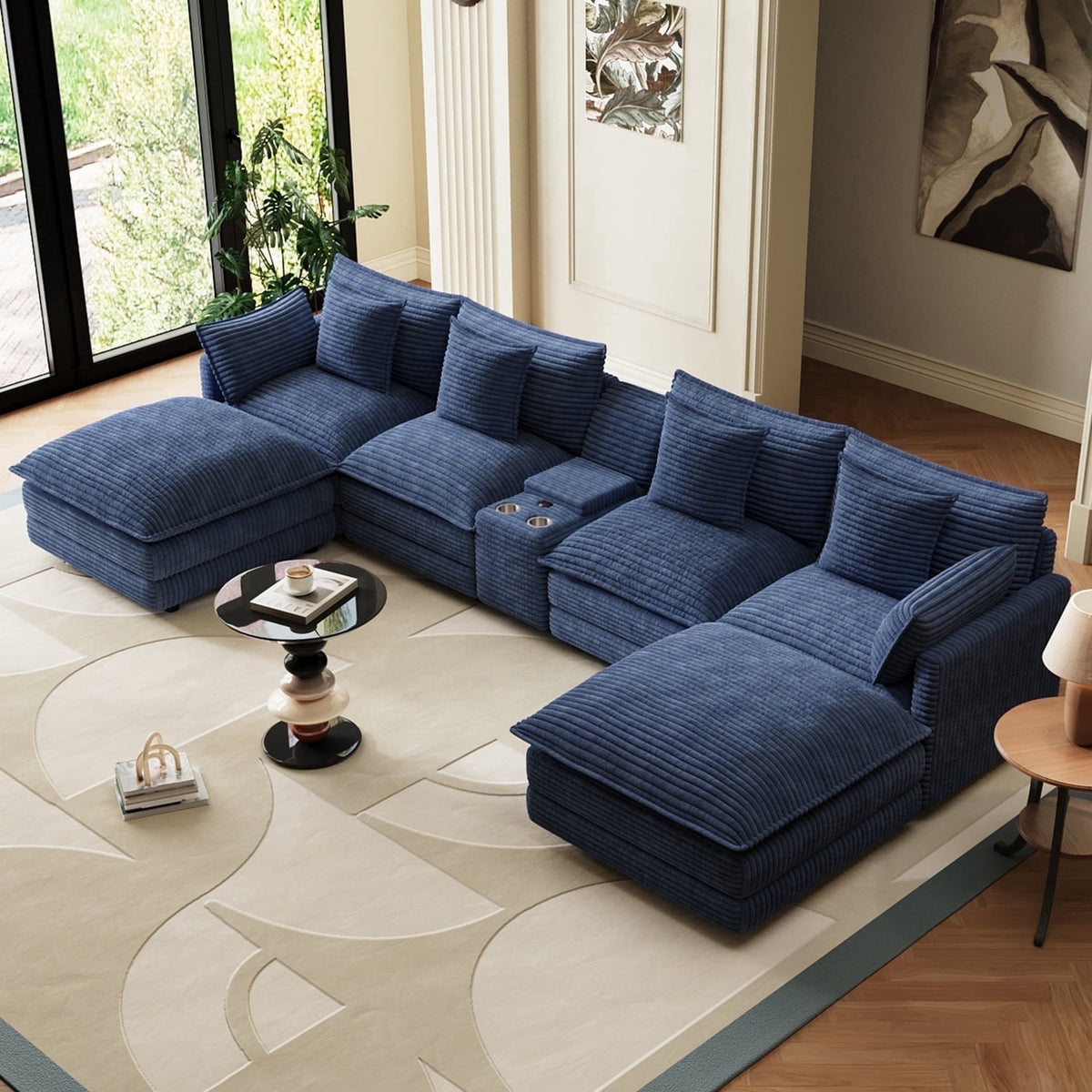 SOLIA 145" 5-Seat U-Shaped Sleeper Sectional Sofa Bed Chenille with Movable Ottoman & Cup Holders