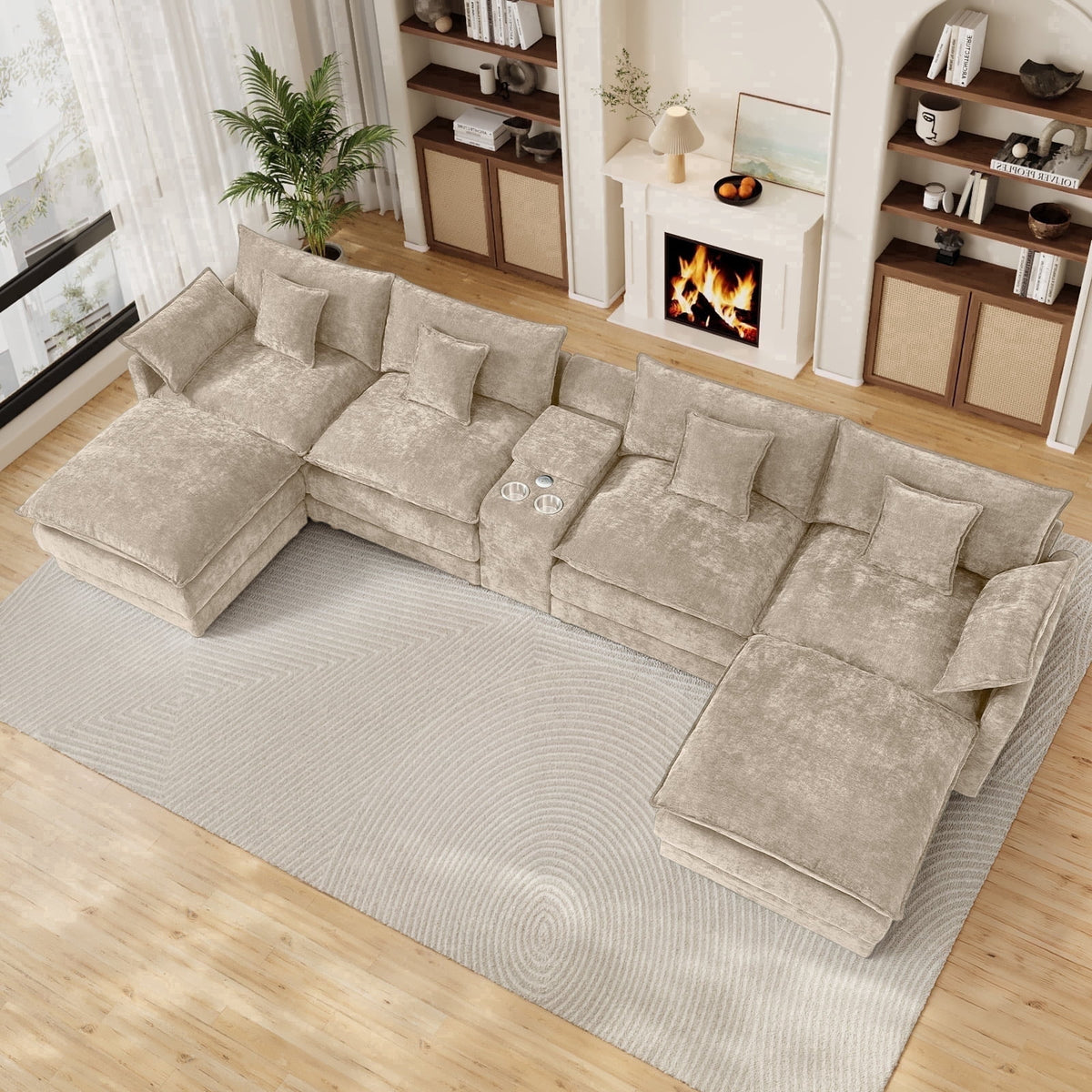 Wiilayok 145" Modular Sofa Set,Large Chenille U Shaped Sectional Sofa with Ottoman,Central Console,Cup Holder,5 Seater Deep Seat Couch for Living Room Furniture,Brown