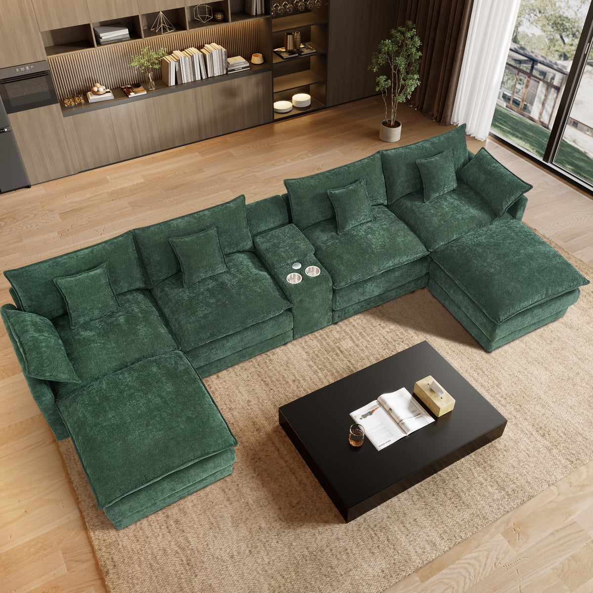 SOLIA 145" 5-Seat U-Shaped Sleeper Sectional Sofa Bed Chenille with Movable Ottoman & Cup Holders