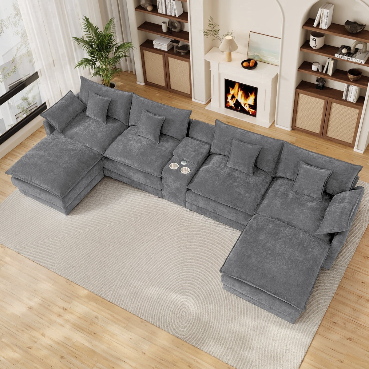 SOLIA 145" 5-Seat U-Shaped Sleeper Sectional Sofa Bed Chenille with Movable Ottoman & Cup Holders