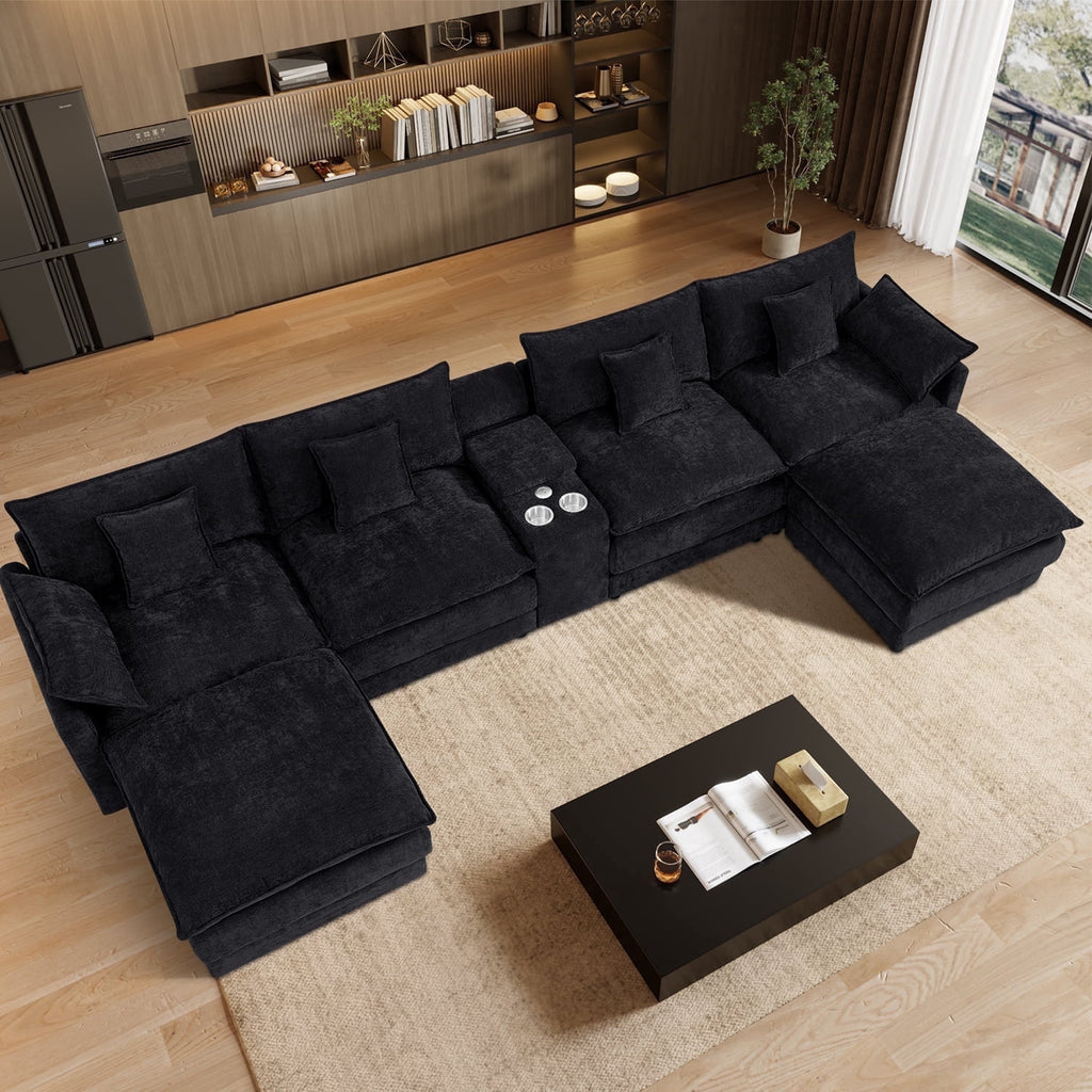 SOLIA 145" 5-Seat U-Shaped Sleeper Sectional Sofa Bed Chenille with Movable Ottoman & Cup Holders