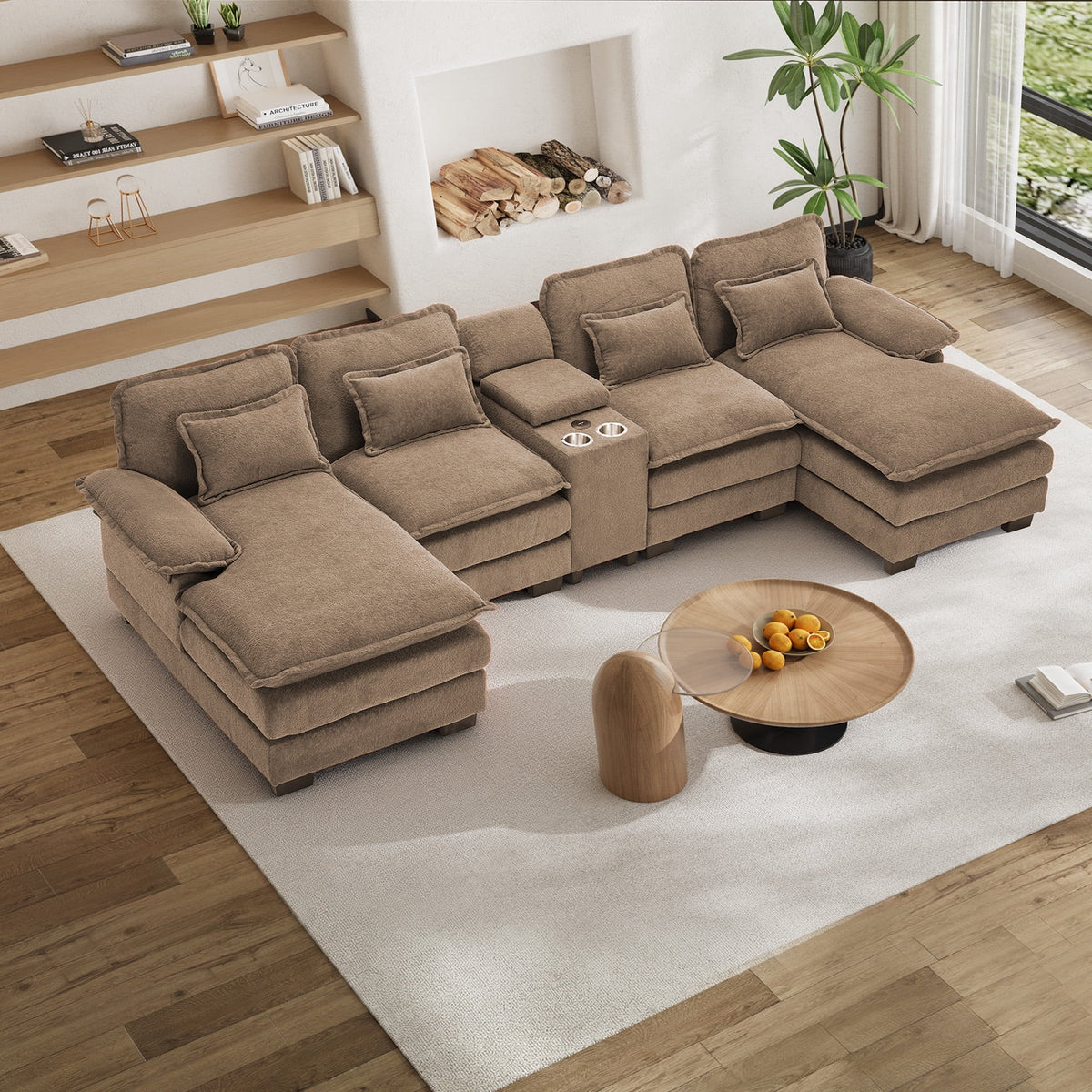 SOLIA 133" U-Shaped Cloud Modular Sectional Couch Chenille with USB Charging & Cup Holders