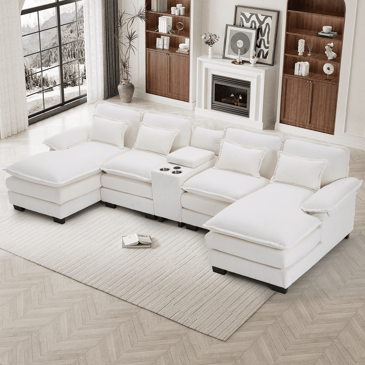 SOLIA 133" U-Shaped Cloud Modular Sectional Couch Chenille with USB Charging & Cup Holders