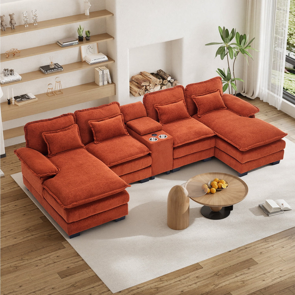 SOLIA 133" U-Shaped Cloud Modular Sectional Couch Chenille with USB Charging & Cup Holders