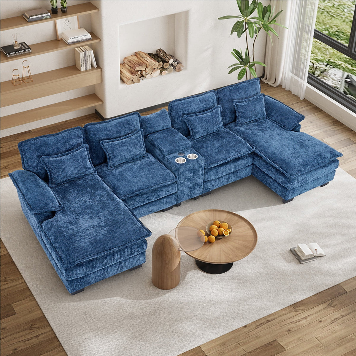 SOLIA 133" U-Shaped Cloud Modular Sectional Couch Chenille with USB Charging & Cup Holders