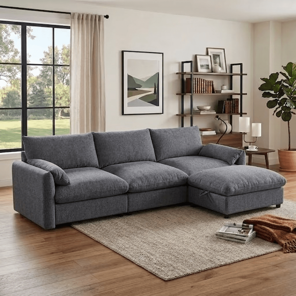 EPOWP L-Shaped Modular Sectional Sofa, Chenille Cloud Couch with Storage Ottoman, USB Charging Ports & Adjustable Phone Holder, 96.5" Deep Seat Comfy Couch for Apartment, Living Room, Office
