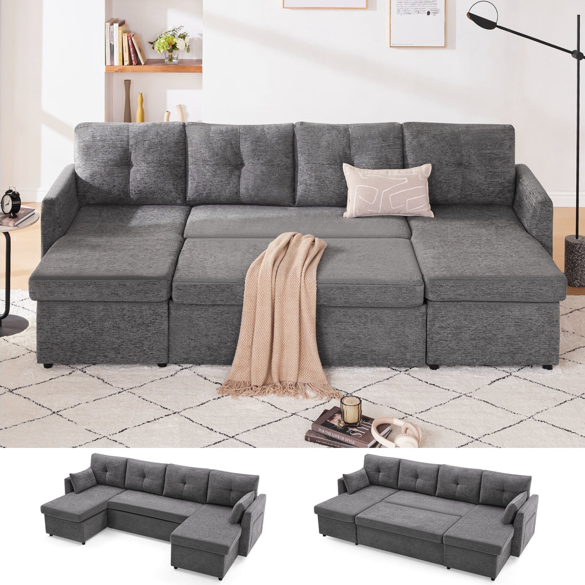 Weture Sectional Sleepe Sofa, 2 in 1 Pullout Couch Bed with Storage Chaise and Side Pocket, DarkGray
