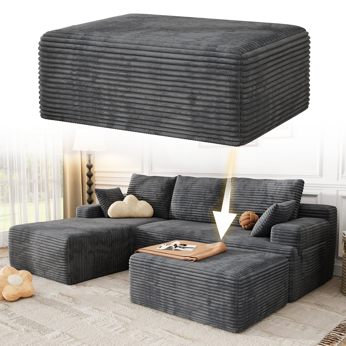 SOLIA 104 L-Shaped Cloud Modular Sectional Couch Corduroy with Chaise Lounge