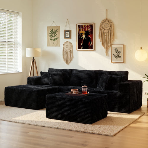  108" Boneless Couch L Shape Cloud Modular Sectional Couch with Chaise & Ottoman, Comfy Corduroy Sofa for Living Room, Apartment, Black