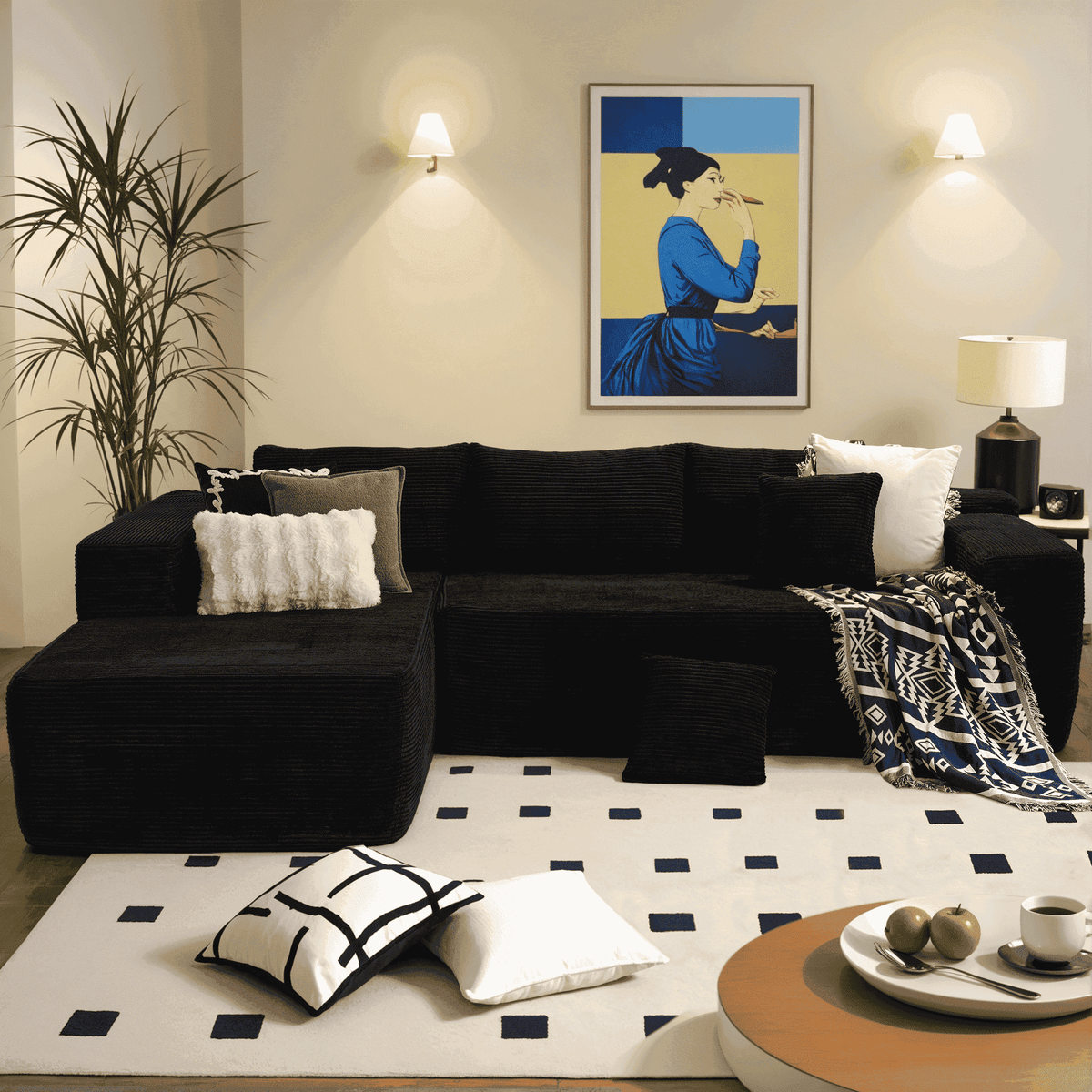  106" Boneless Sectional Couch, Deep Seat Modular L-Shaped Sofa with Chaise for Living Room, Apartment, Black (Corduroy)