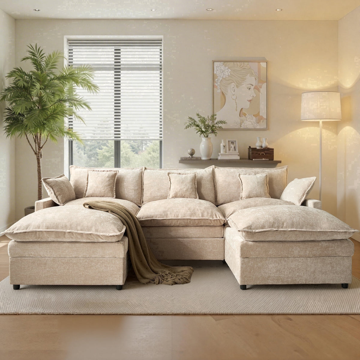  108" Modular Sofa U-Shaped Cloud Sectional Couch with 2 Ottomans, Comfy Deep Seat Chenille Sofa for Living Room, Apartment, Camel