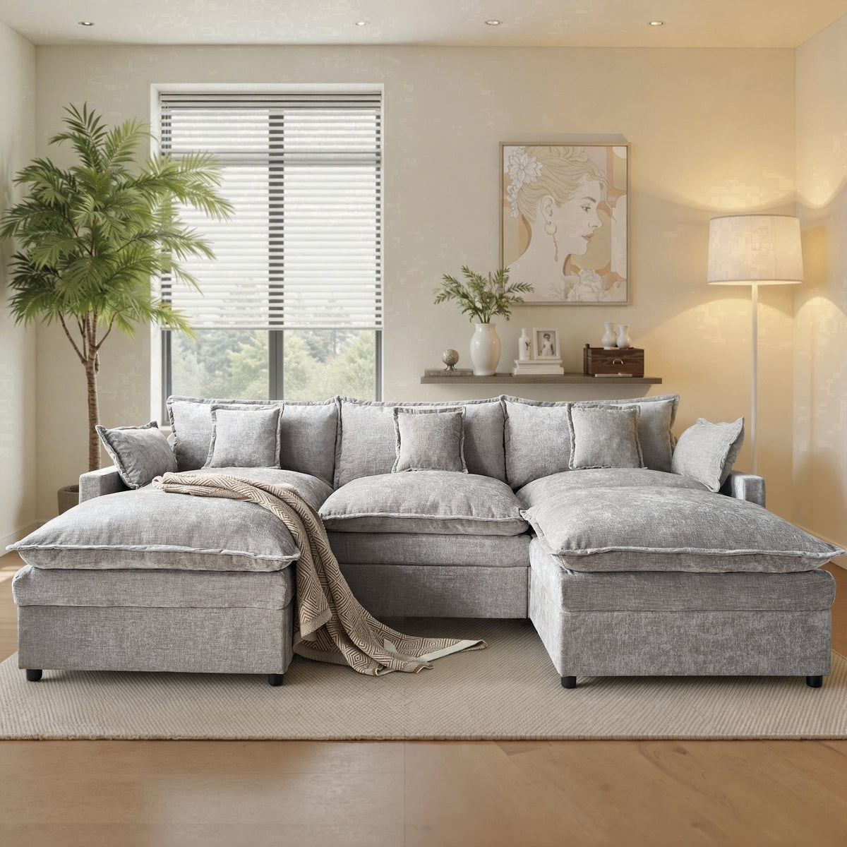  108" Modular Sofa U-Shaped Cloud Sectional Couch with 2 Ottomans, Comfy Deep Seat Chenille Sofa for Living Room, Apartment, Gray