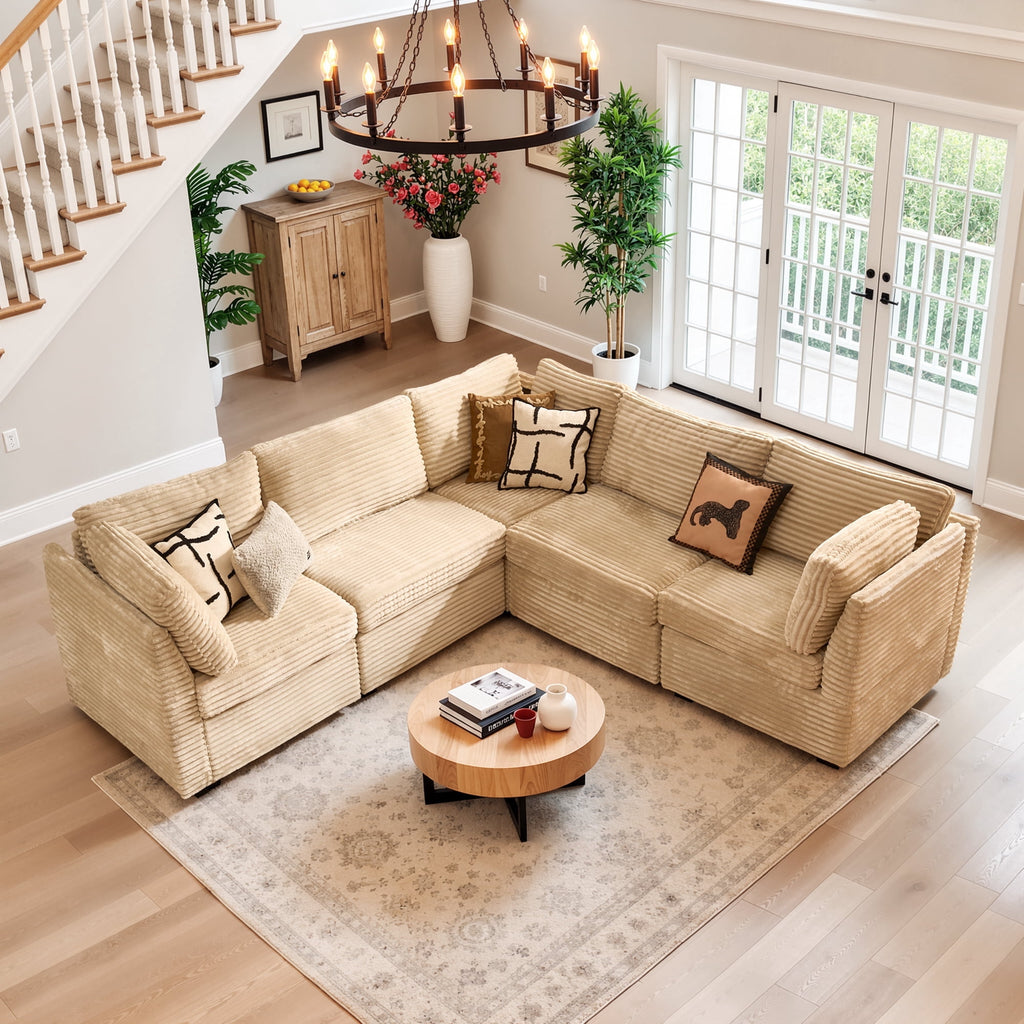  95" Modular Sectional Sofa Deep Seat L-Shaped Cloud Corduroy Couch for Living Room, 5 Seat, Beige