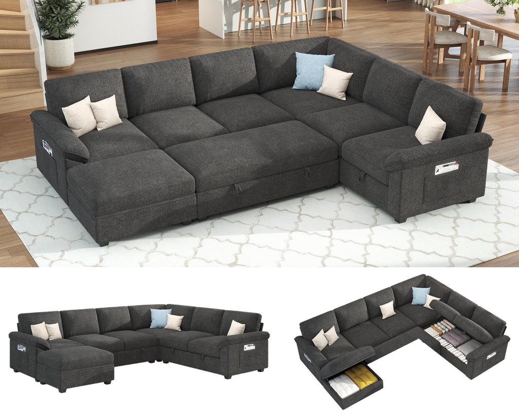 Papajet 105" Sofa Bed, Sectional Sleeper Sofa with Pull Out Bed/Reclining Backrest, 6 Seater Sleeper Couch Bed with Storage, Chenille Dark Gray